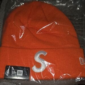 Supreme X New Era Orange Beanie with Red Logo